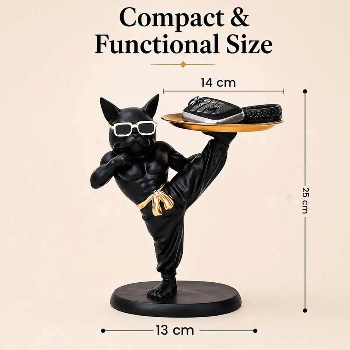 Black bulldog accent tray shown with dimensions of 13 by 8 by 25 cm