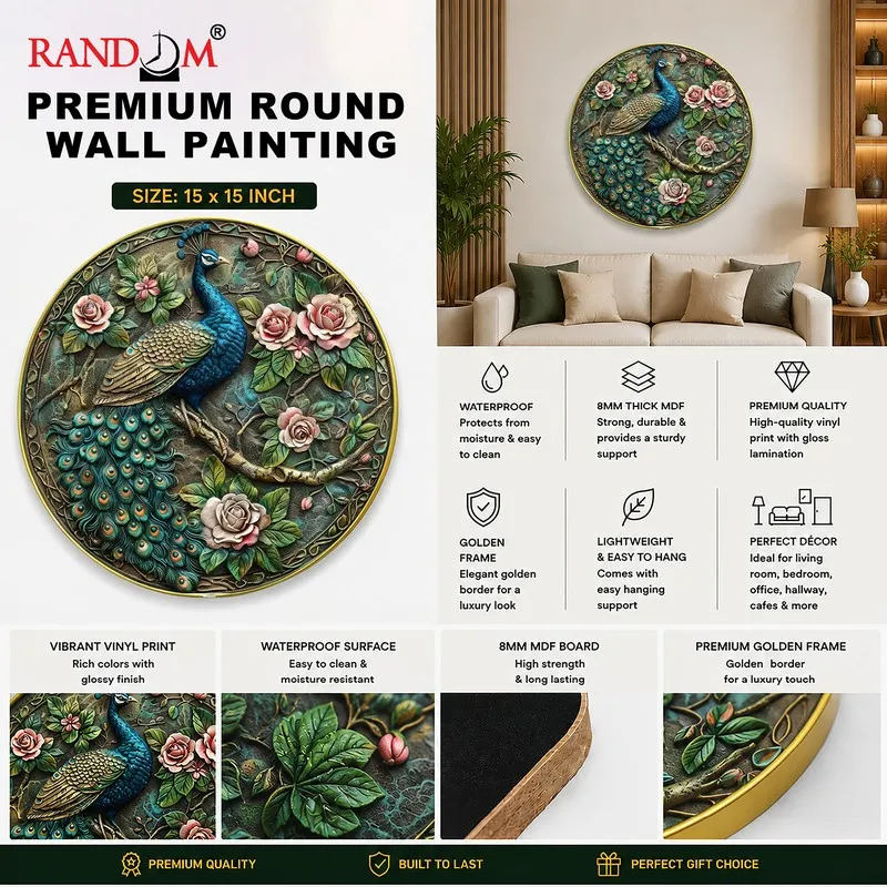 Round peacock floral wall painting shown in a room setting collage