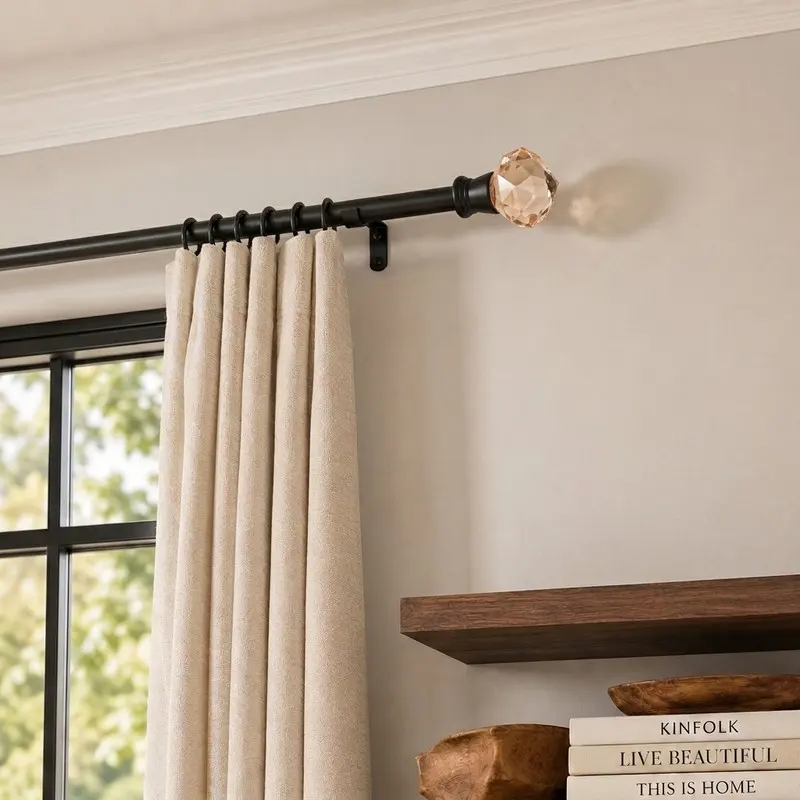 LumaRod Extendable Curtain Rod with Coral Glass Bloom Finial & Bracket - Black - M