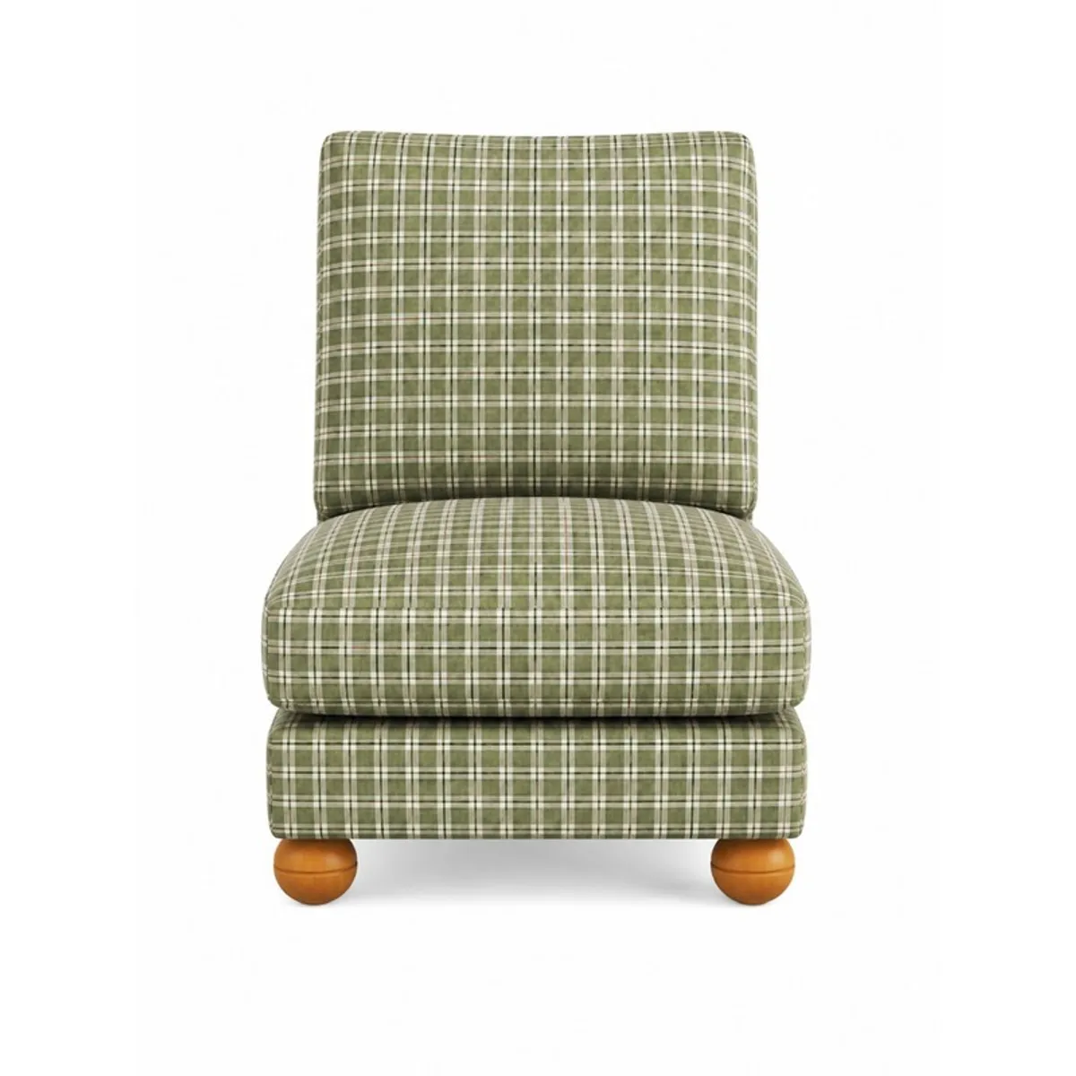 Front view of a green checked accent chair with a cushioned seat and back