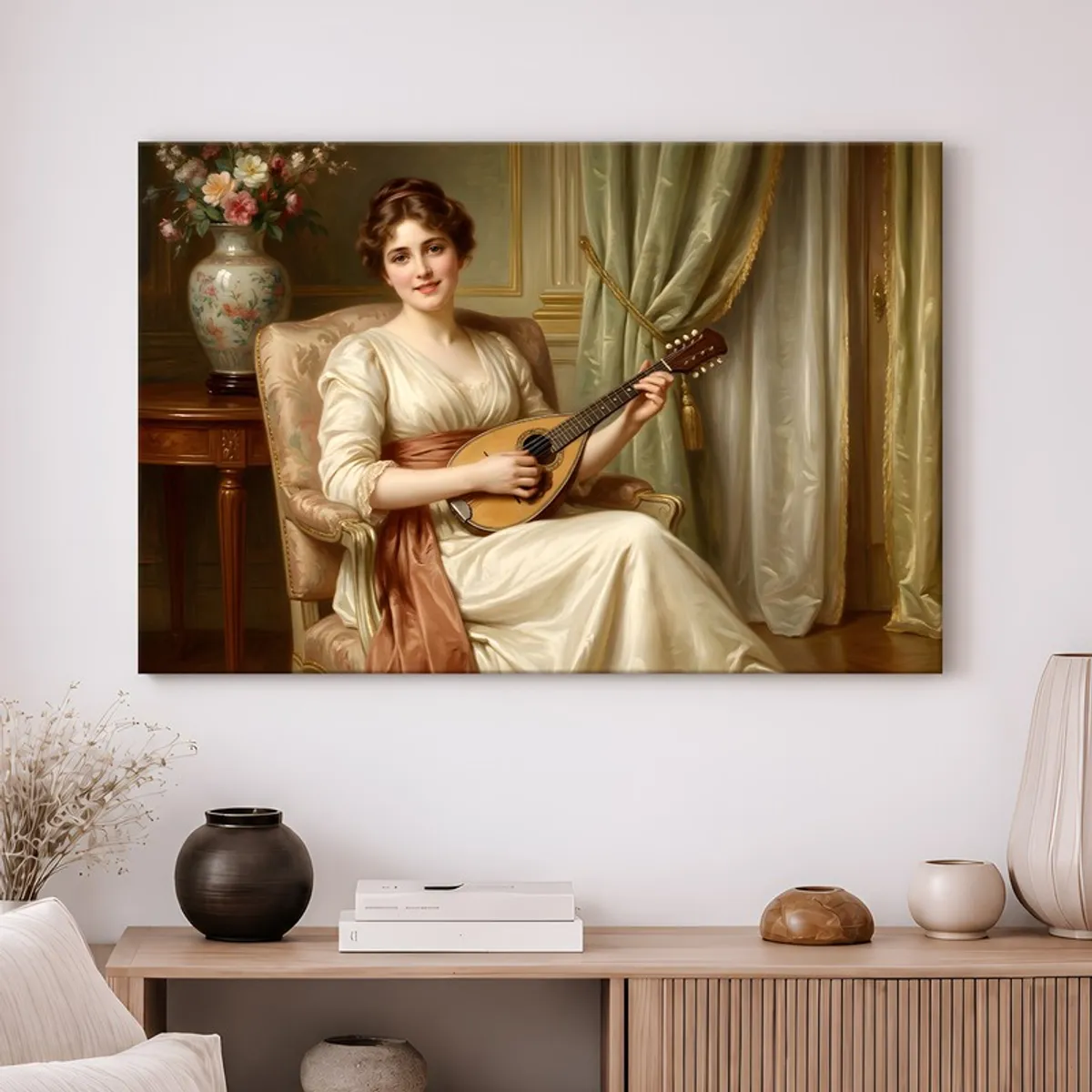 Victorian portrait canvas wall art displayed above a console with neutral ceramic decor