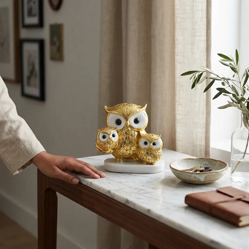 Gold and white owl family showpiece displayed on a marble console table