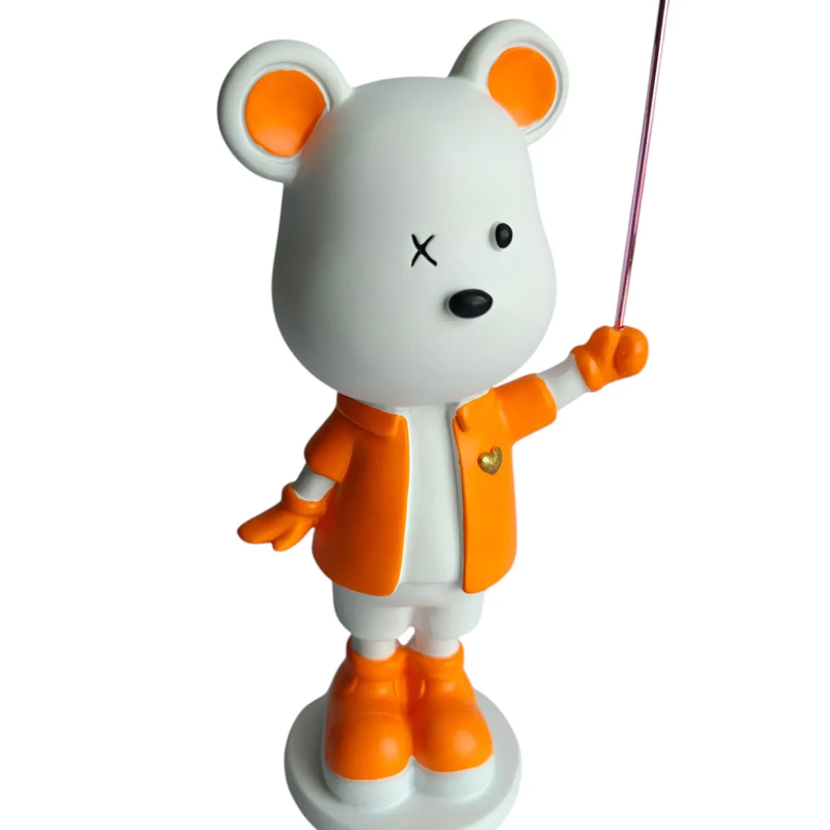 Close-up view of the bear showpiece with orange jacket and boots