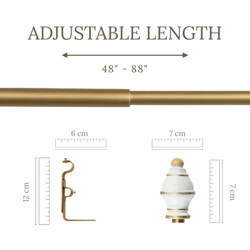 Extendable curtain rod shown with adjustable length graphic
