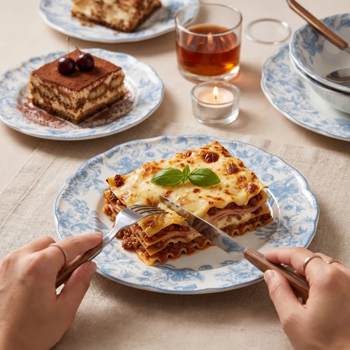 Blue and white floral plate styled with a serving of lasagne