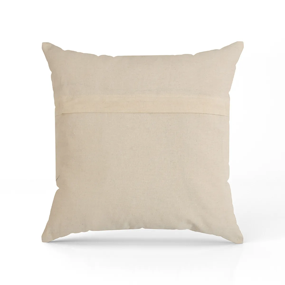 Back view of a beige square cushion cover with a zip closure