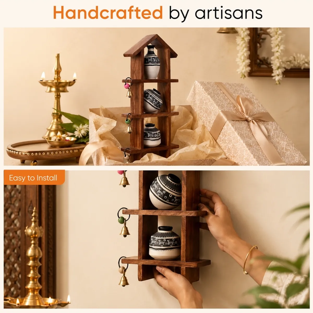 Wall shelf with patterned vases and bell accents shown beside festive decor