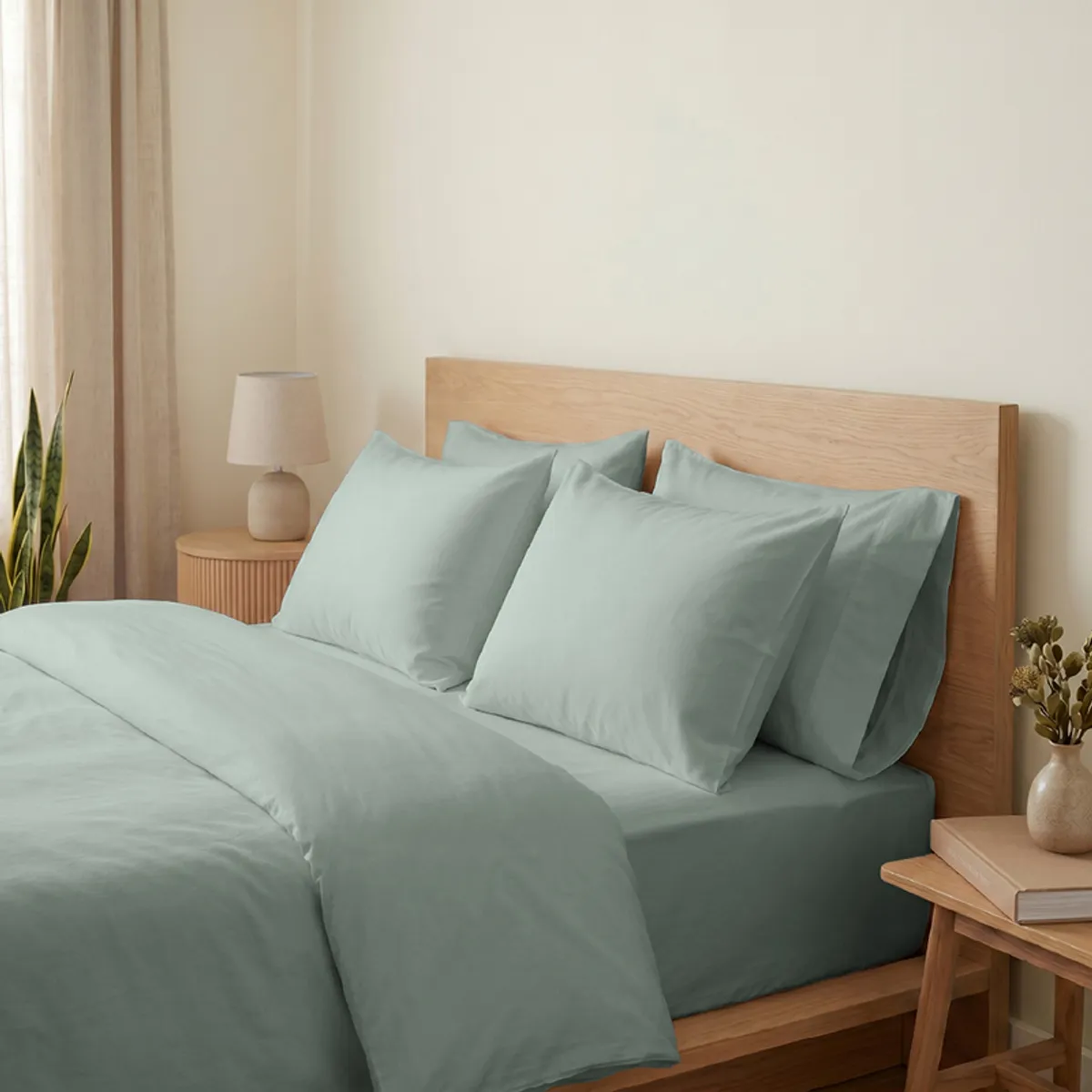 Close bedroom view showing sage-green duvet cover and layered pillows