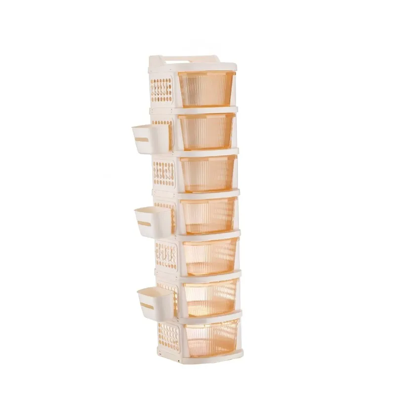 Freestanding ivory seven-tier rack with translucent drawers and side baskets
