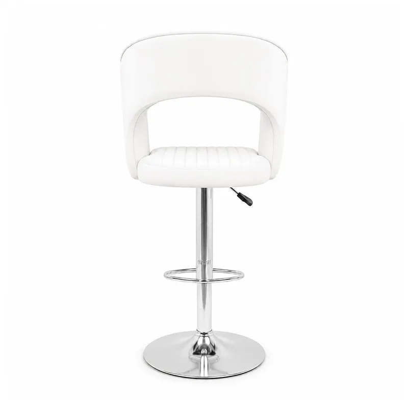 Back view of white bar chair with upholstered seat and chrome base