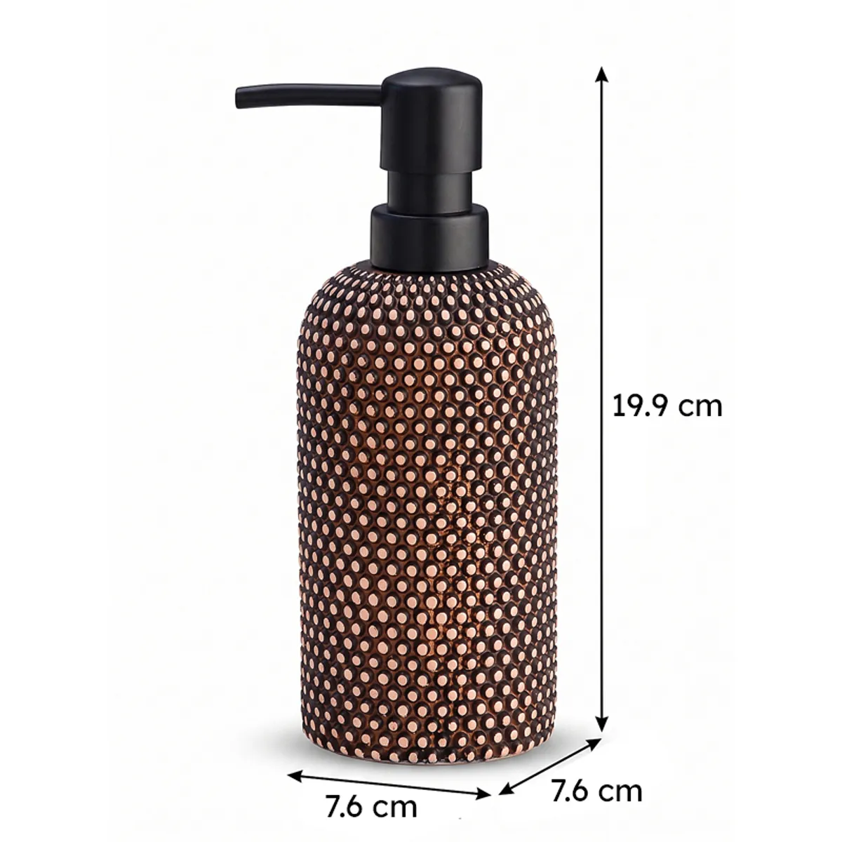Brown textured soap dispenser with black pump and dimension arrows