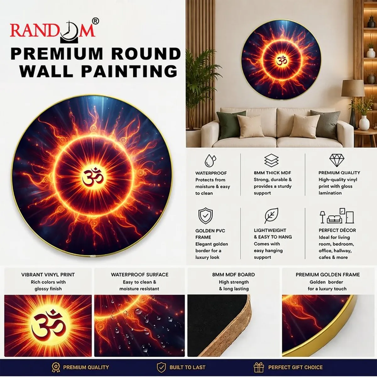 Round wall painting with glowing Om motif shown in a styled living room
