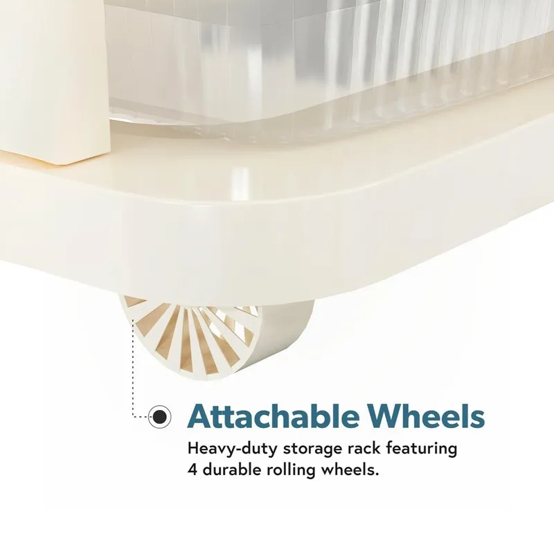Close-up view of a rolling wheel attached beneath the storage rack
