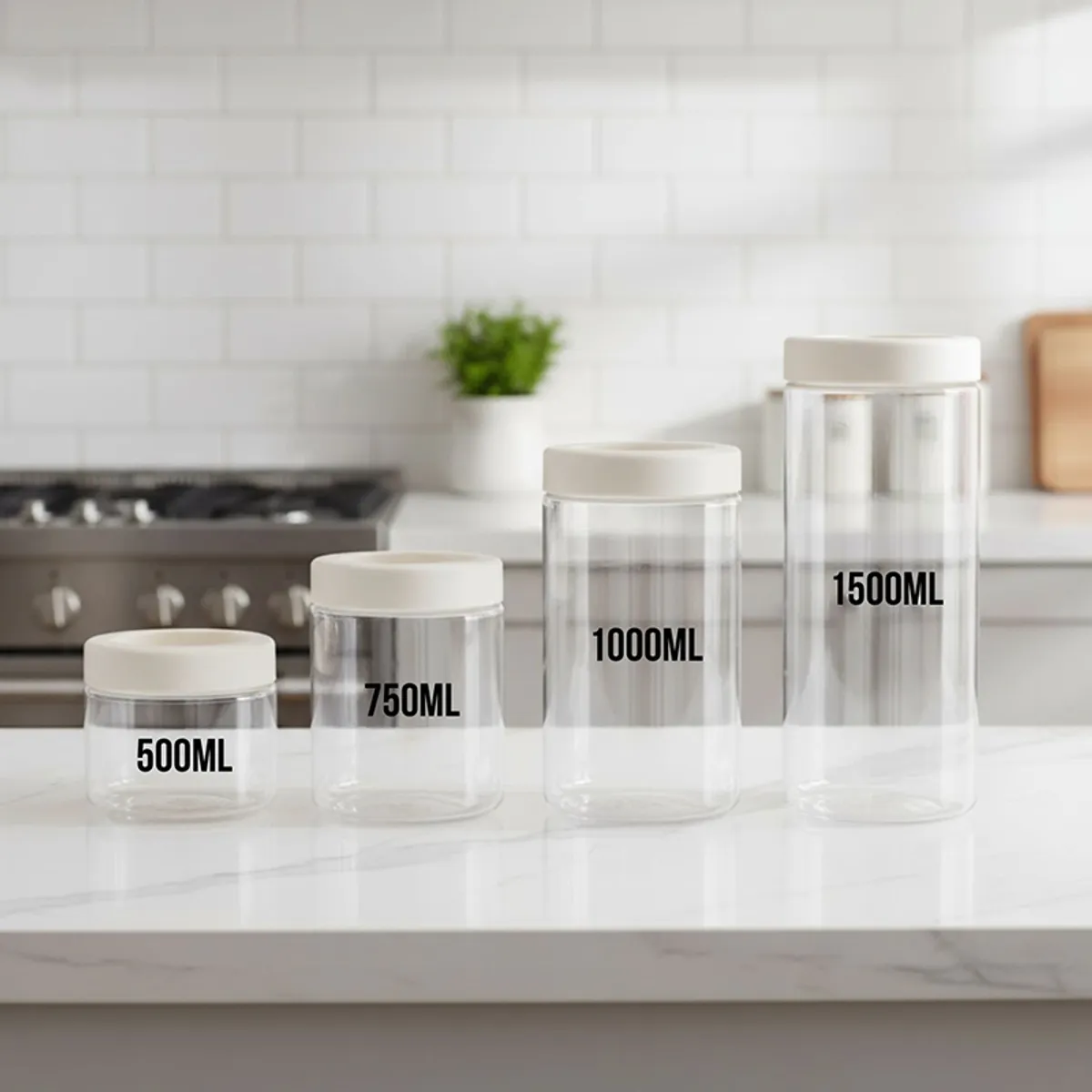 Four clear cylindrical containers with white lids in different sizes