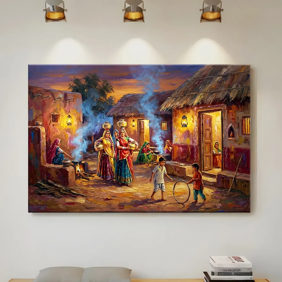 Large rectangular canvas art of a rural evening scene on a wall