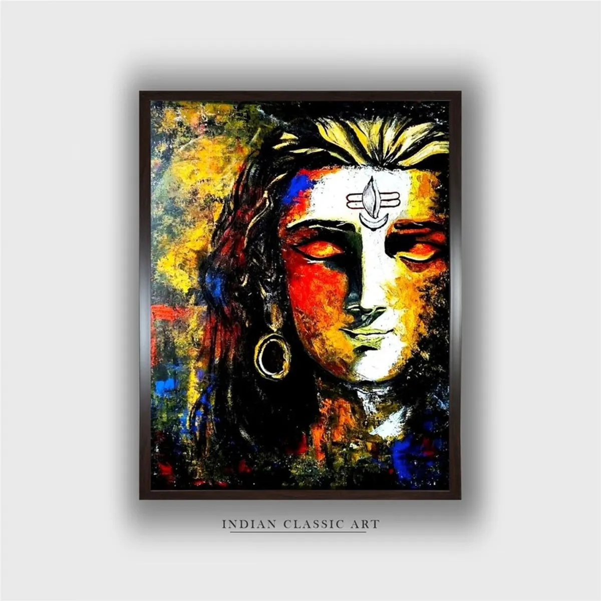 Front view of a framed multicolour Shiva canvas wall painting