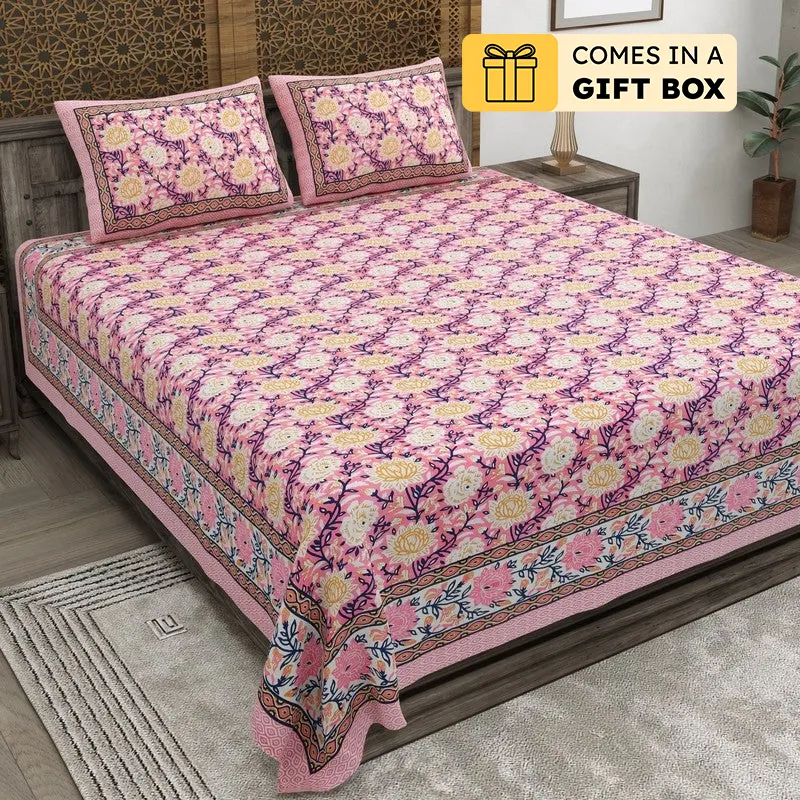 Bloomo Cotton Bedsheet (Purple,Beige) - 240 TC - King
