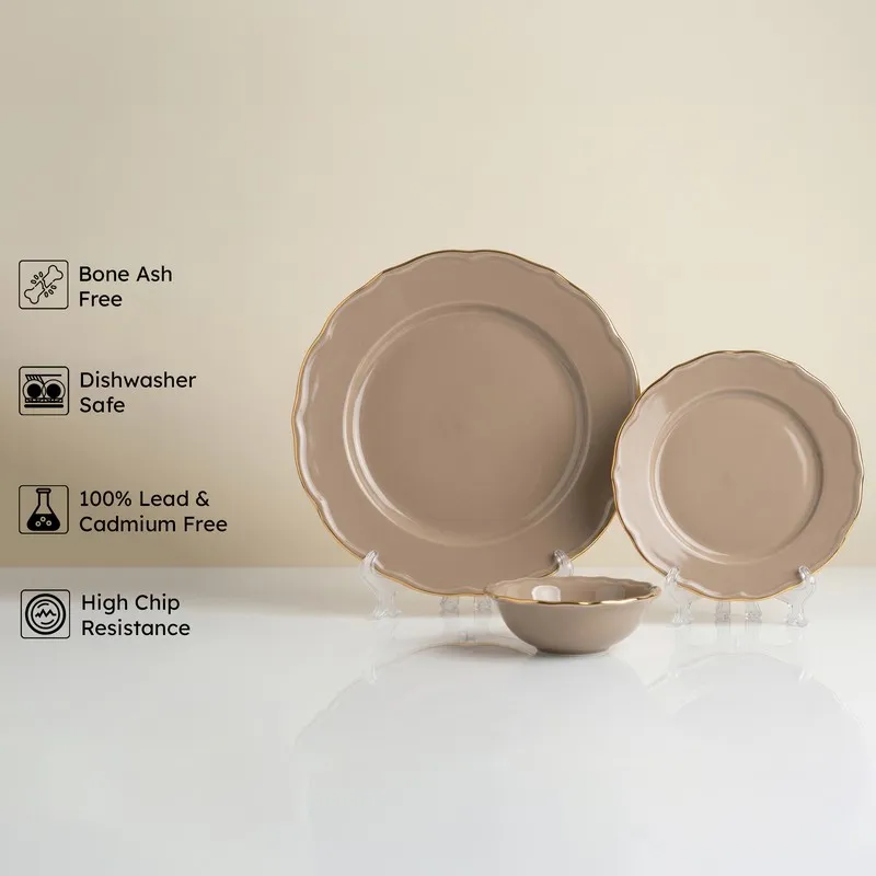 Thunder grey plates and bowl with gold rim shown with feature icons