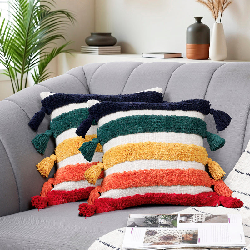 Tassle Stripe Tufted Cushion Cover Set - Set Of Two