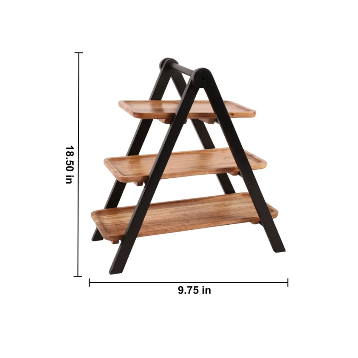 Three-tier wooden platter stand shown with height and width measurements