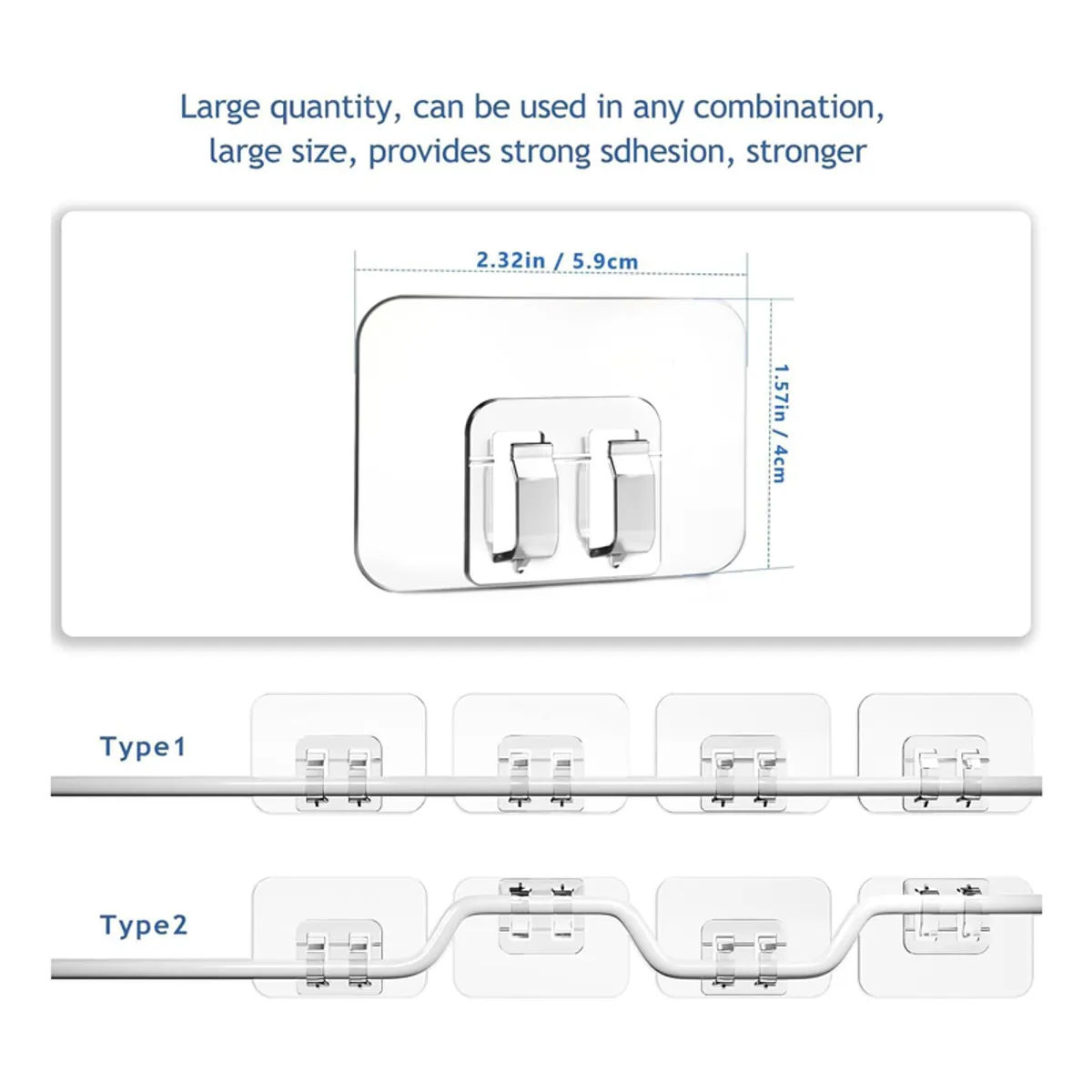 Transparent adhesive hook shown with size illustration and cable placement
