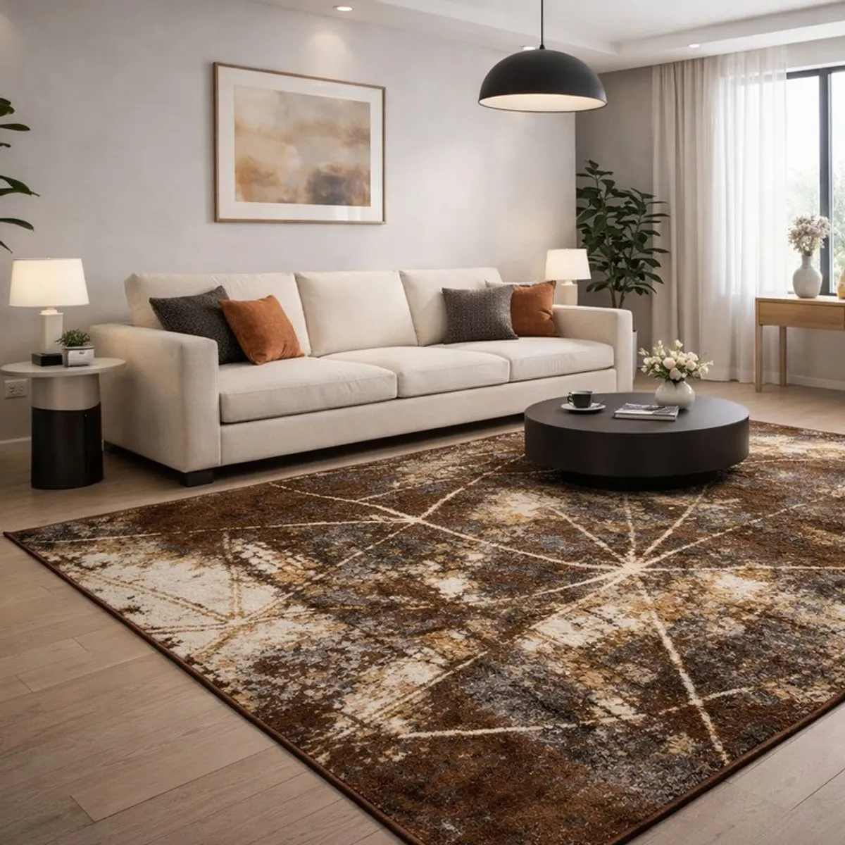 Large brown and beige abstract carpet styled in a modern living room