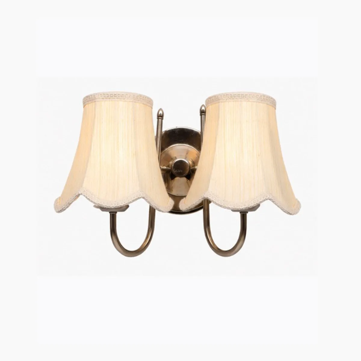 Front view of the double cotton-shade wall lamp and steel base