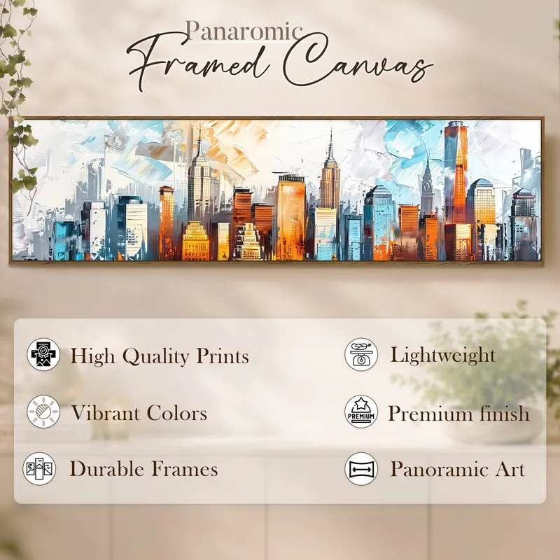 Long framed cityscape canvas against a soft neutral backdrop with decor accents.