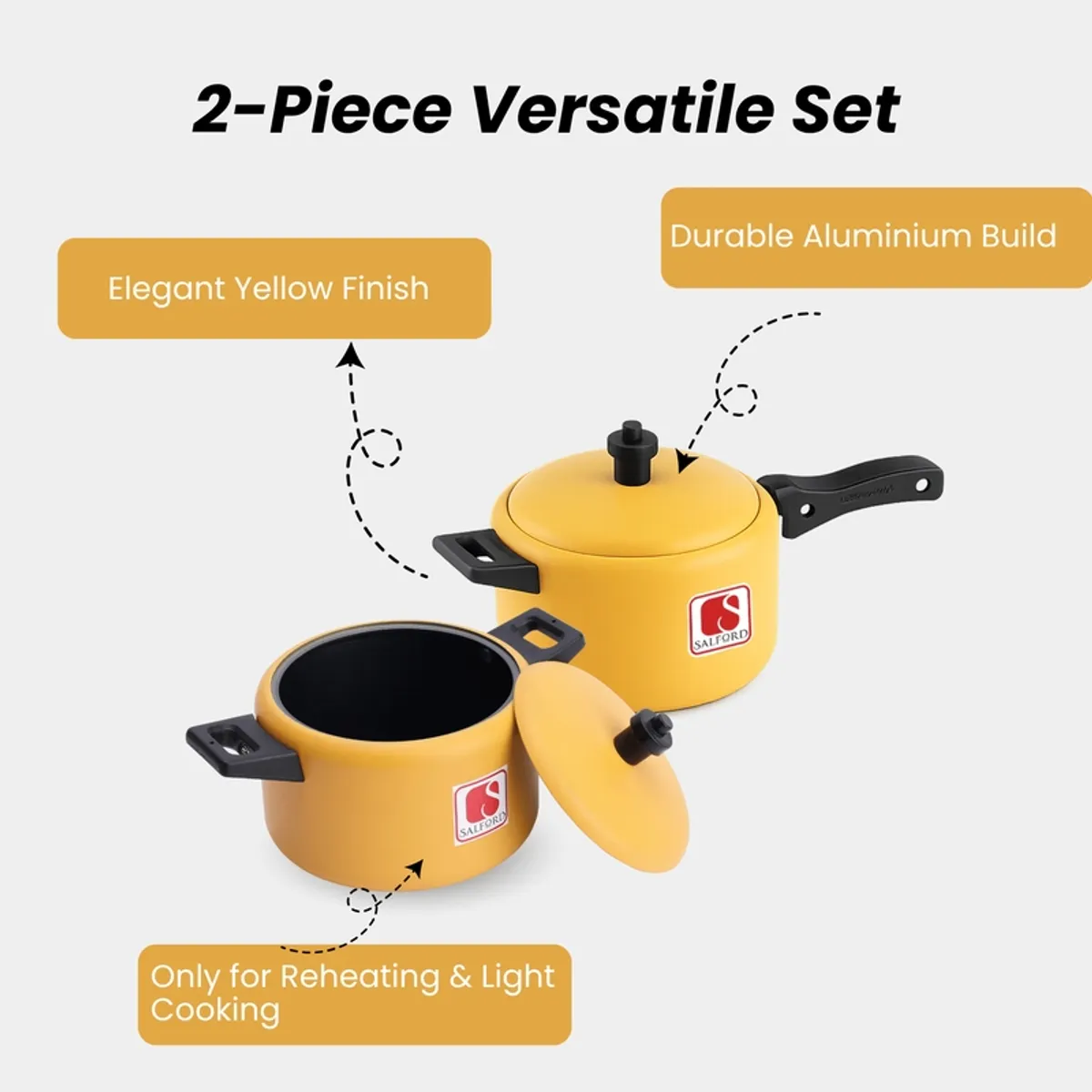 Two yellow cookware pieces with lids and handles arranged against a white background