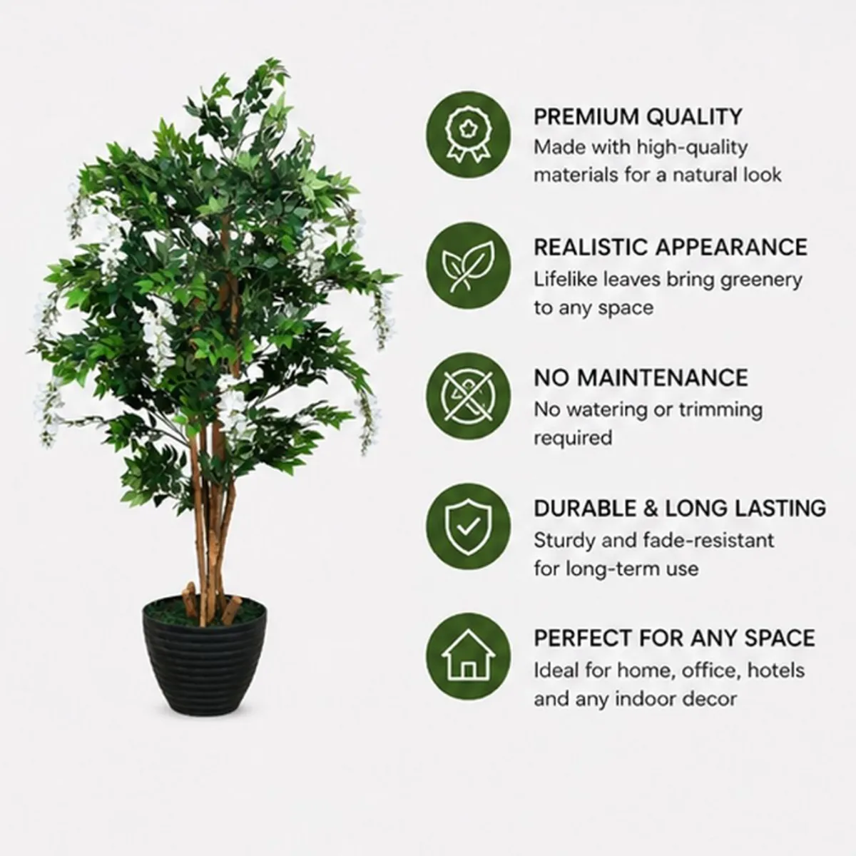 Artificial white wisteria tree with green foliage shown with feature callouts