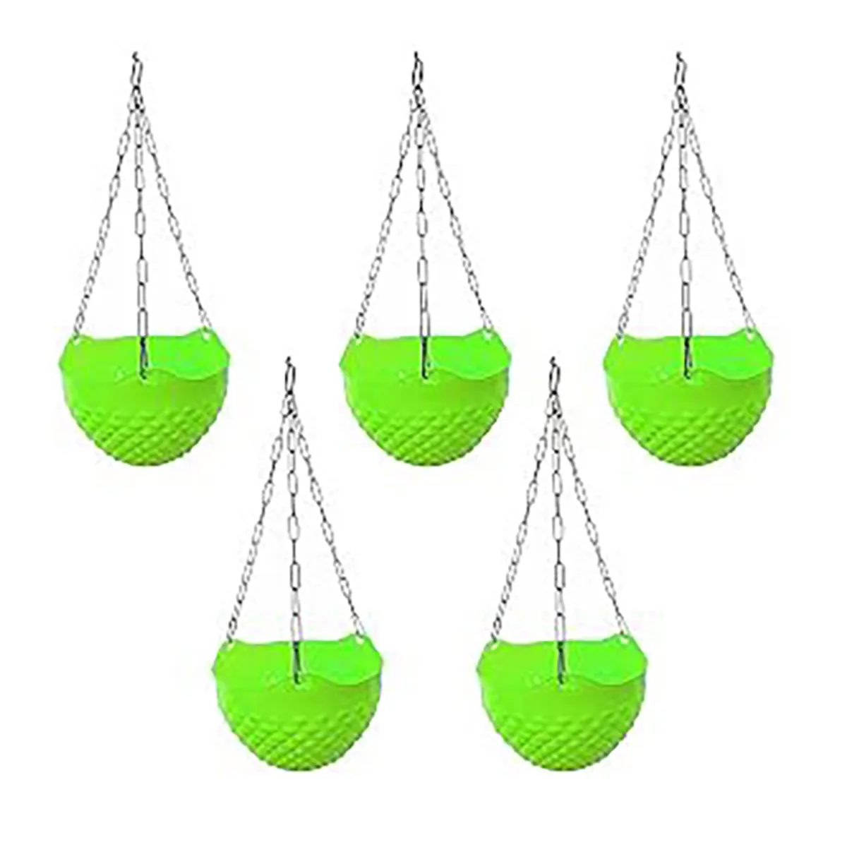 Five bright green textured hanging planters with chains arranged against a white background.