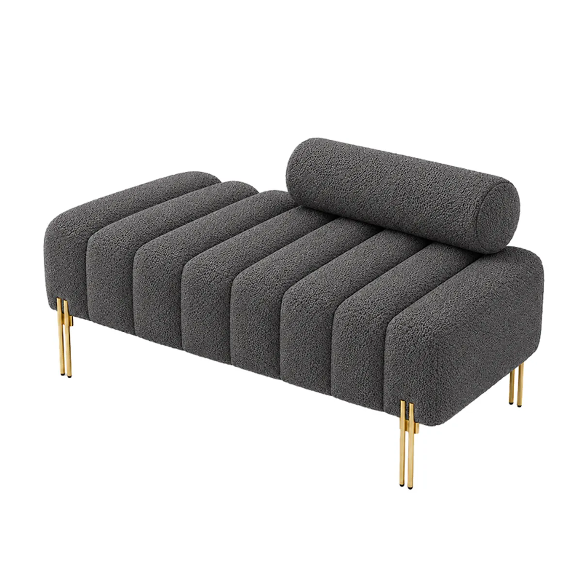 Angled view of a grey bouclé bench showing its ribbed seat and gold legs