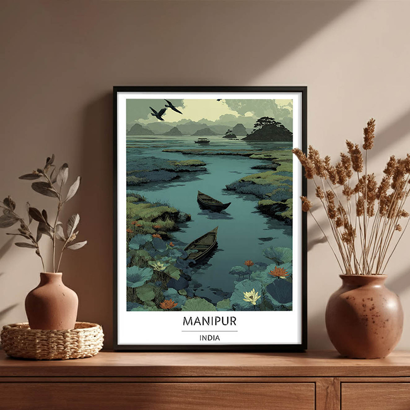 Floating Islands of Loktak Manipur Wall Art With Black Frame - Small