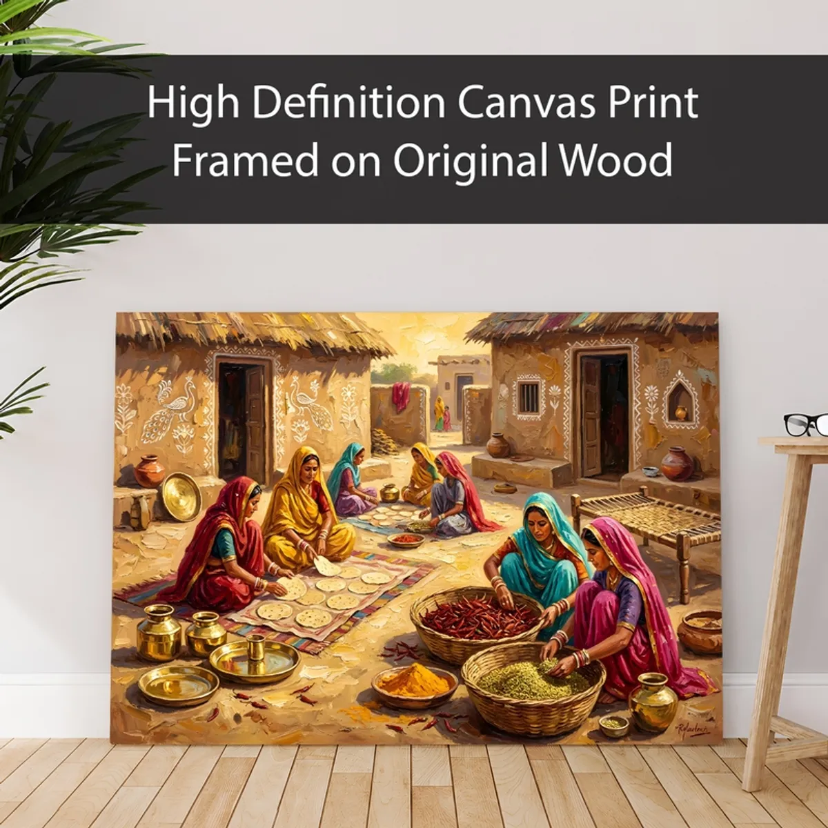 Canvas print showing a Rajasthani courtyard cooking scene leaning against a wall