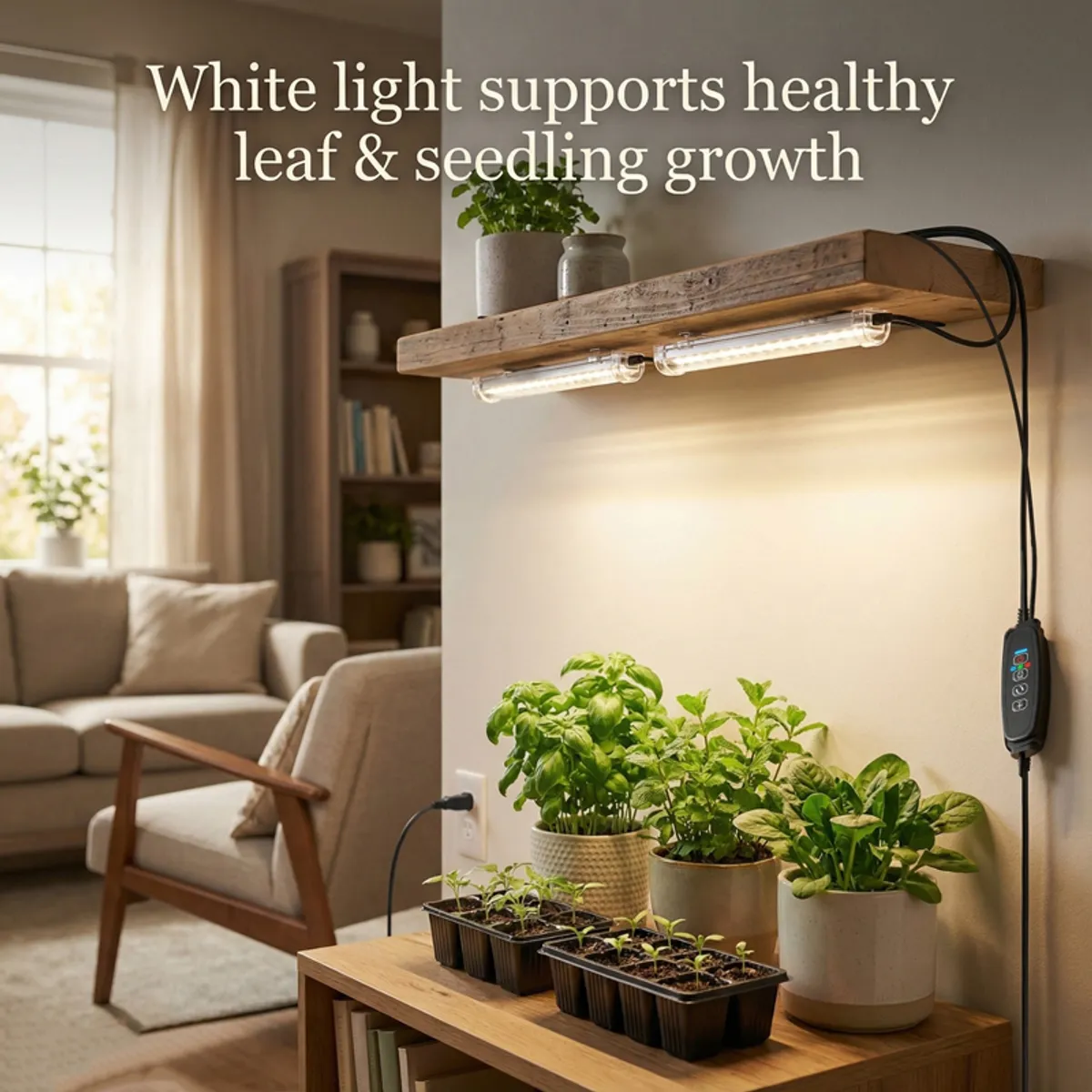 Two LED grow light bars illuminating seedlings and leafy potted plants indoors