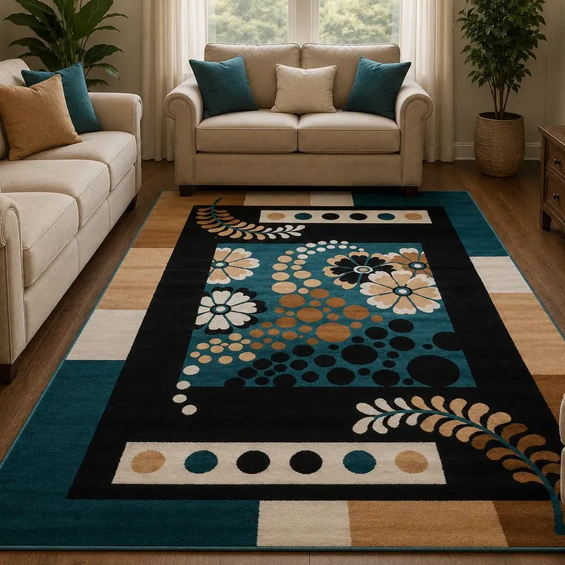 Abstract floral blue and beige carpet placed in a living room