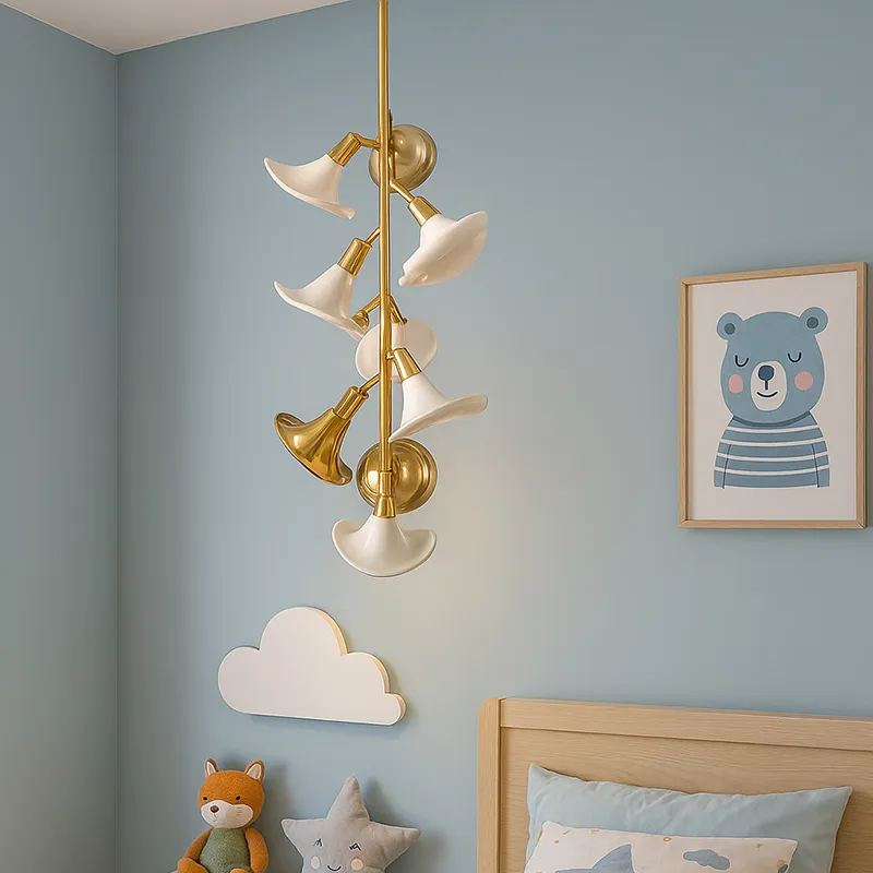 Close view of a gold and white petal-shaped hanging lamp by a bed
