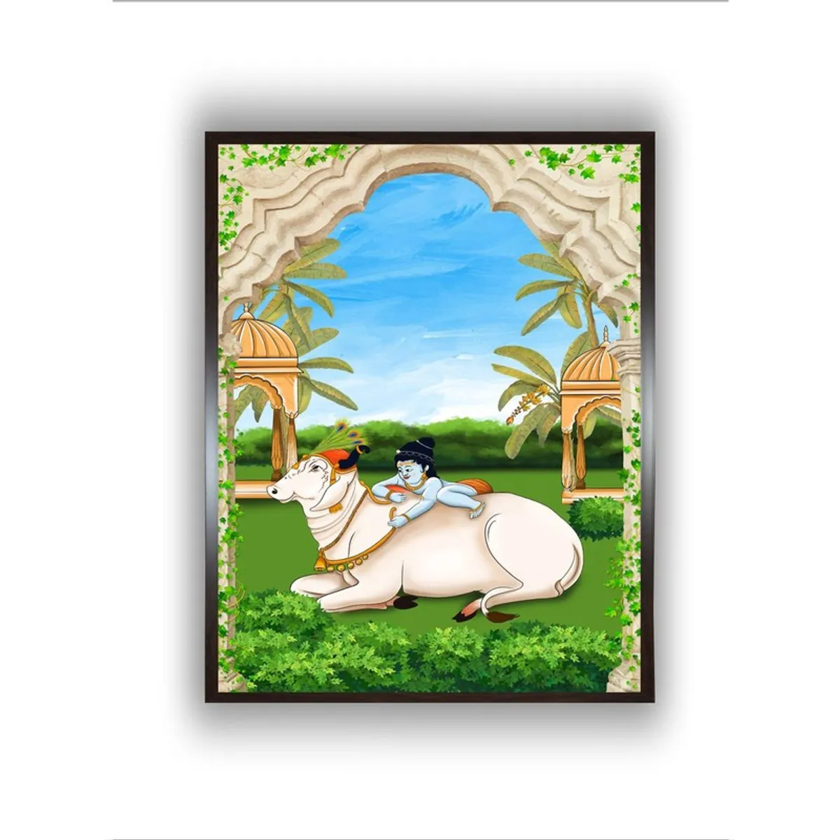 Straight-on view of Baby Krishna on Nandi framed painting