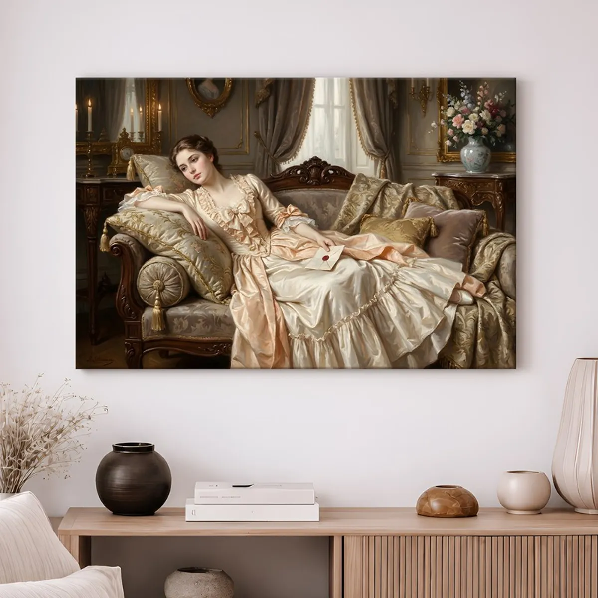 Vintage-style figurative canvas wall art styled above a light wood sideboard