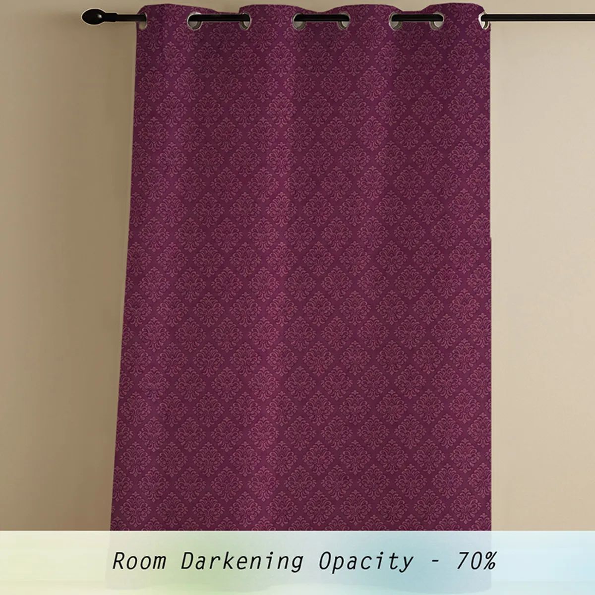 Single maroon eyelet curtain panel with repeating damask-style pattern.