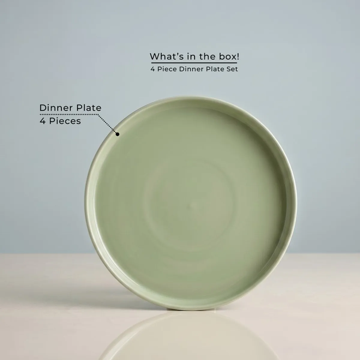 Single sage green round dinner plate shown upright against a plain background