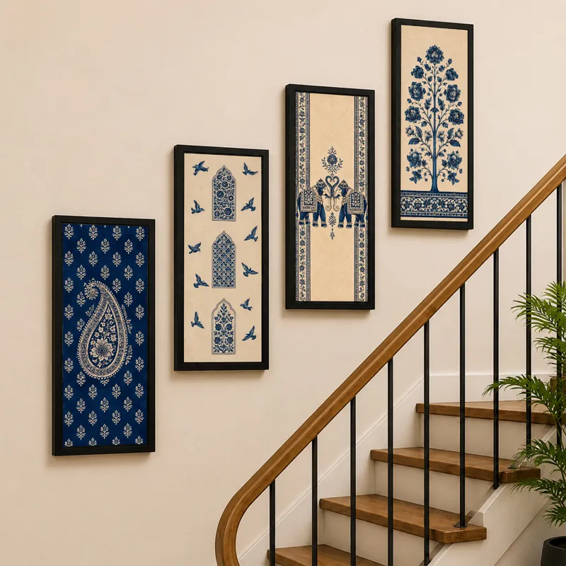 Four framed heritage-style wall paintings displayed along a staircase wall.
