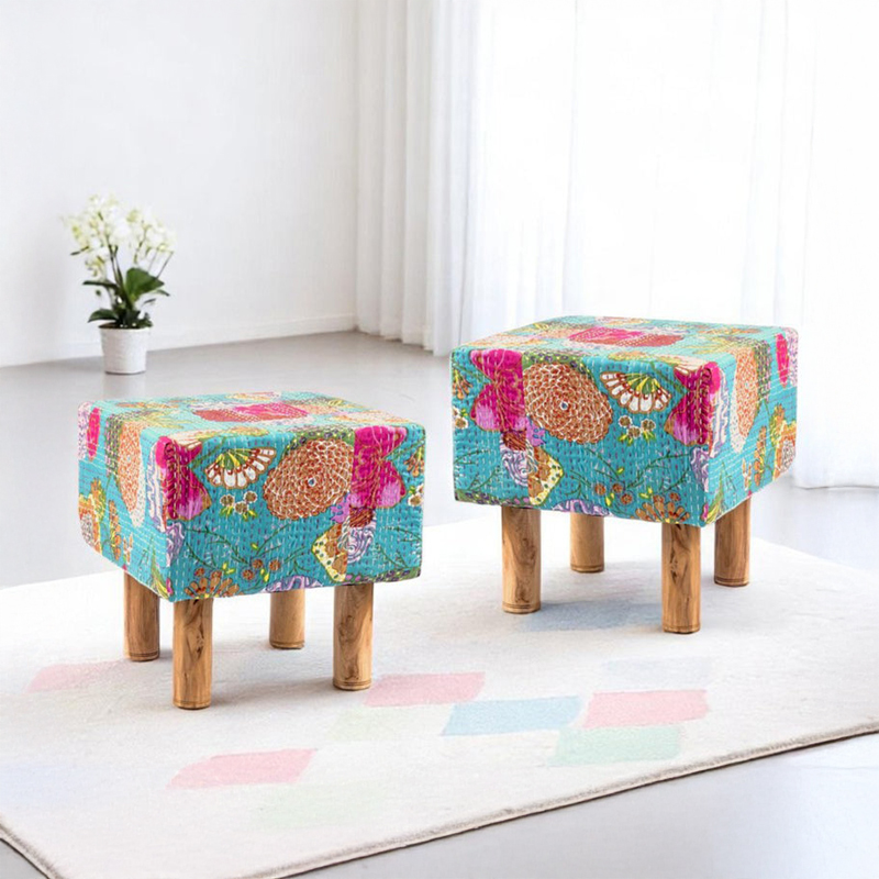 Rrixon Acacia Wooden Ottomans (Multicolor) - Set Of Two