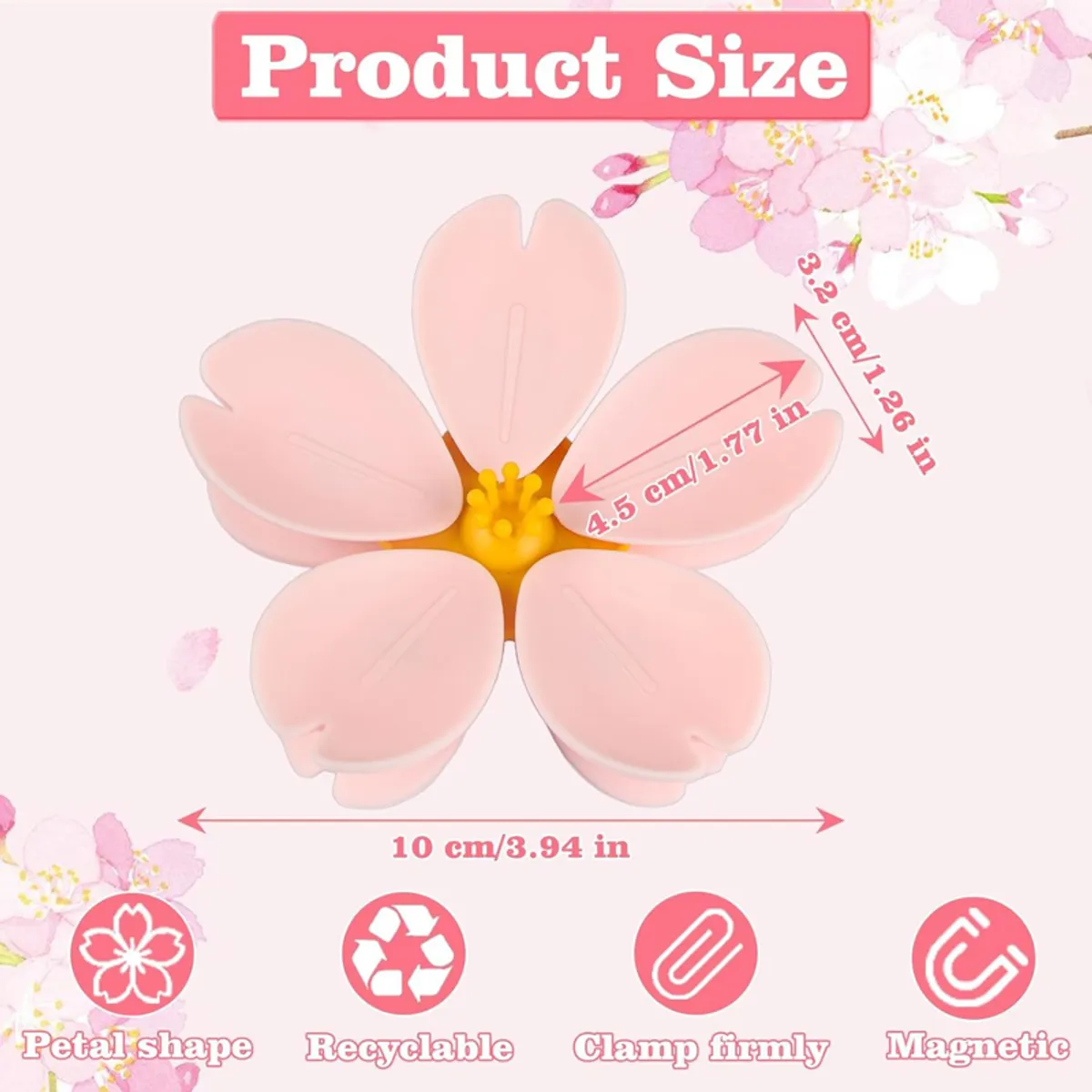 Pink flower-shaped clip holder shown with a blossom background.