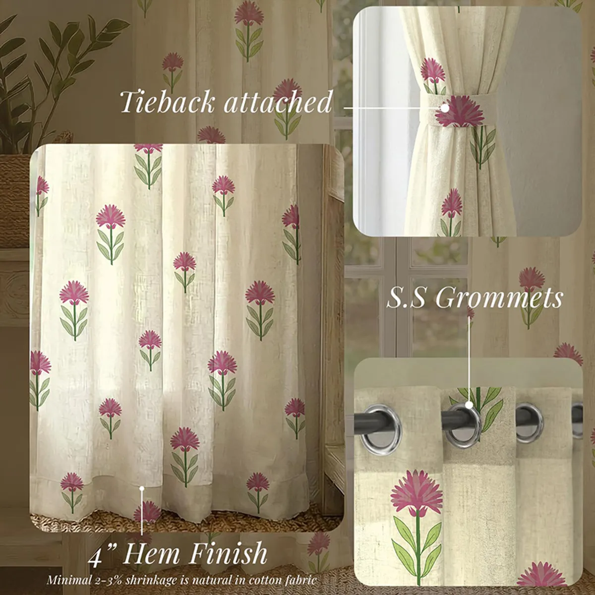 Floral curtain detail showing gathered fabric and metal eyelet rings.