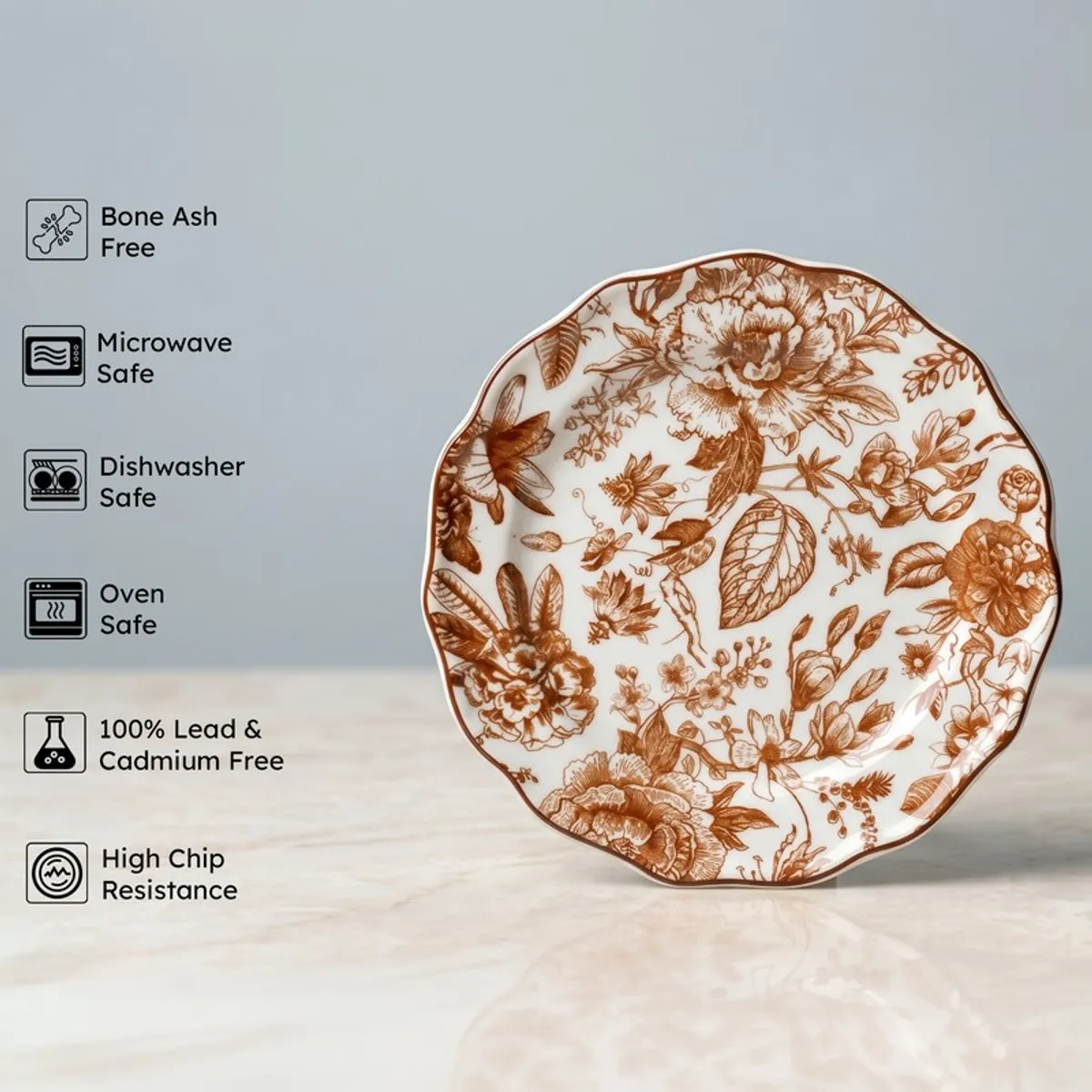 Single red floral plate with decorative motif on a light background