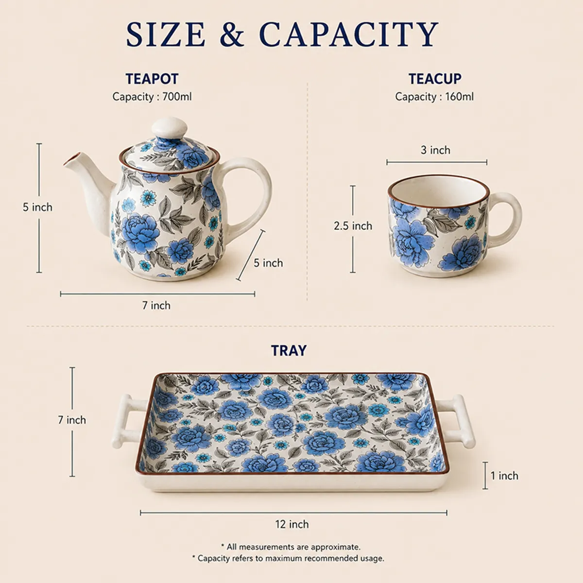 Blue floral ceramic teapot, teacup and tray shown with size markings
