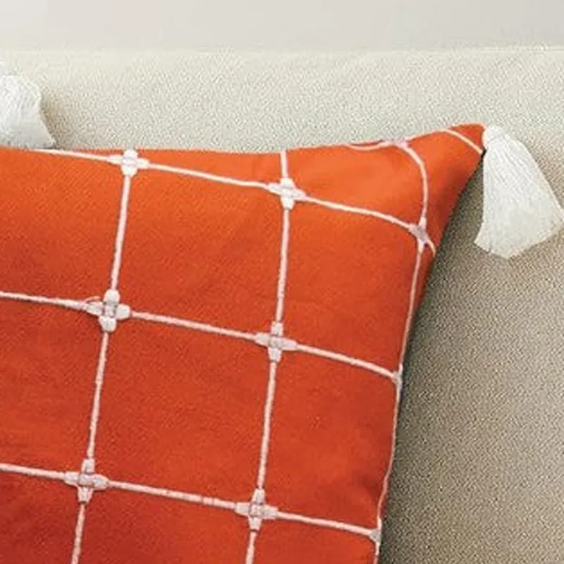 Urban Space Modern Grid Orange Cotton Cushion Covers - Set Of Two