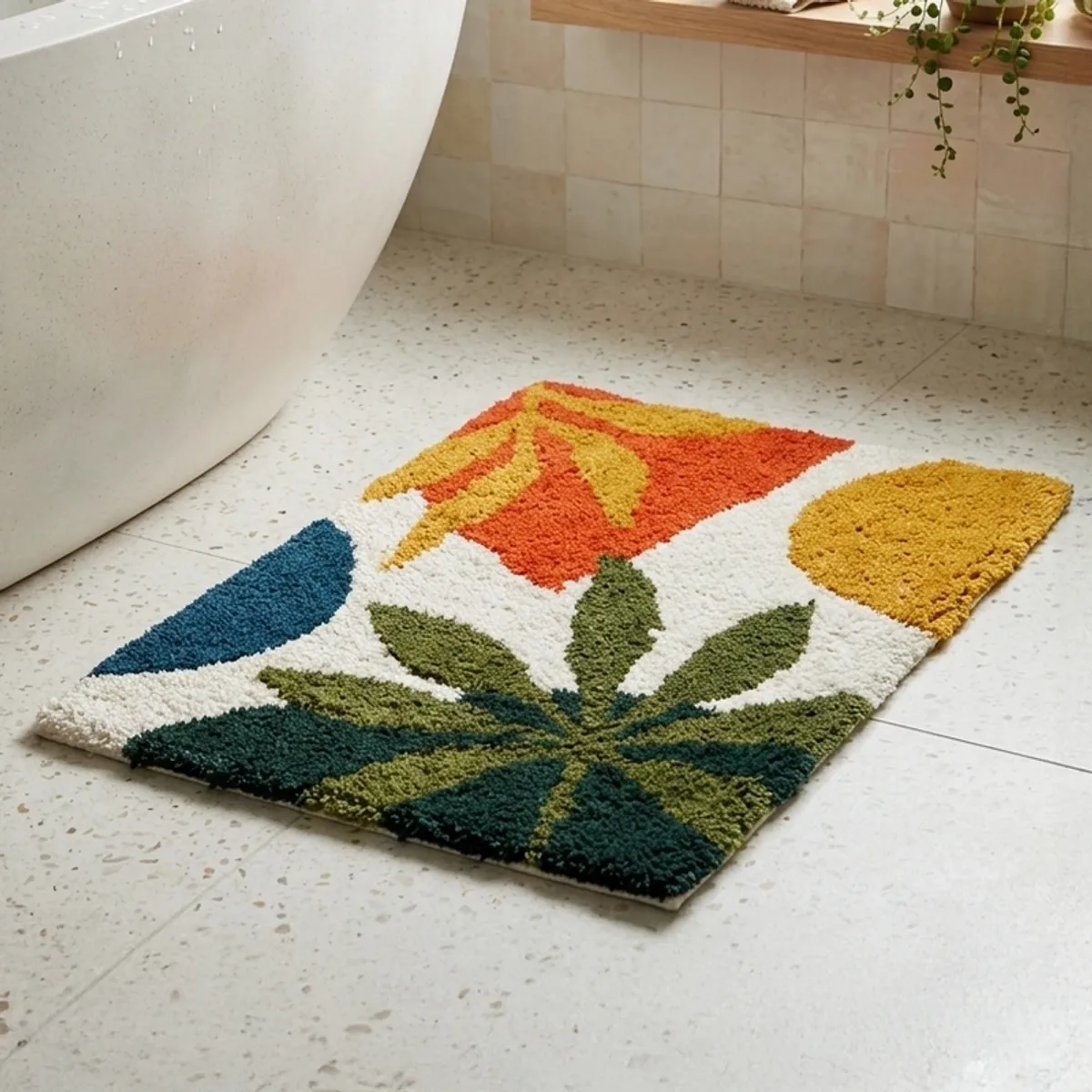 Multicolour tropical leaf bath mat styled beside a white bathtub.