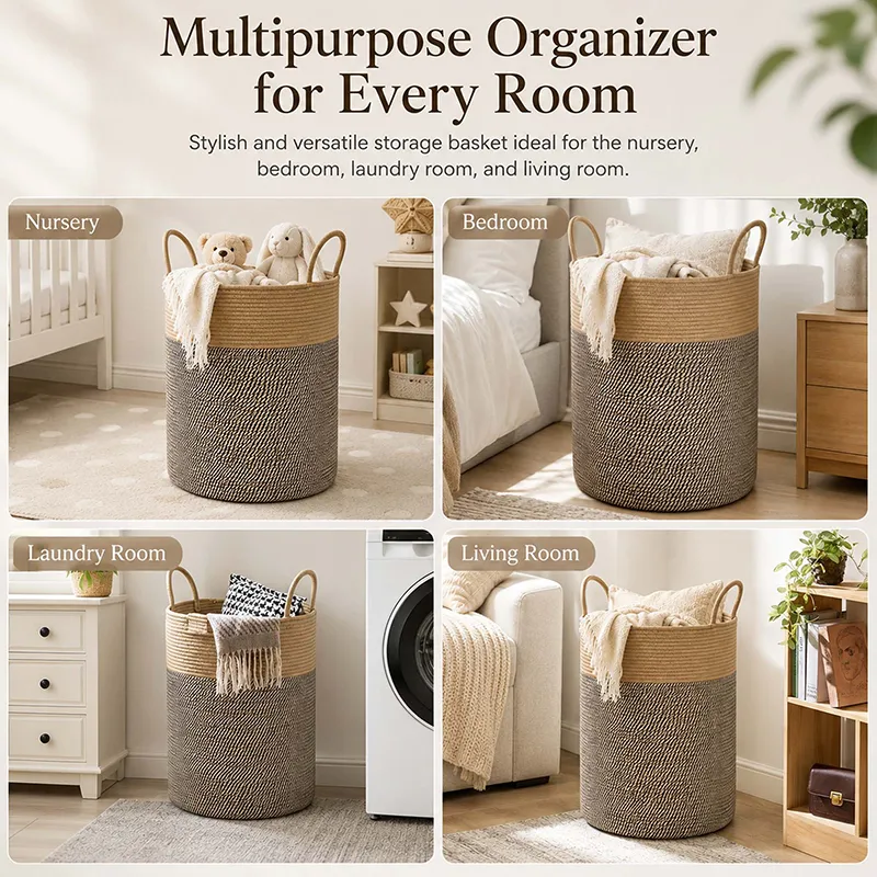 Brown woven storage basket shown in bedroom, laundry and living spaces